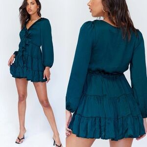 Princess Polly Randi Mini Dress Teal Satin Tie Front Size 6
